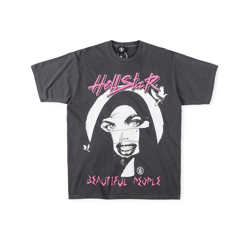 

Hellstar High Street Short Sleeve T-shirt Summer American Fashion Brand Character Poster Cracked Graffiti Round Neck Print