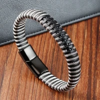 simple style classic stainless steel mens black leather bracelet bangles double layer design diy customization for friend