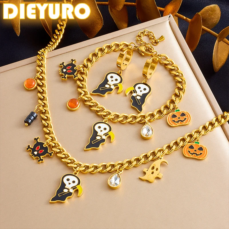 DIEYURO 316L нержавеющая Милая забавная женская подвеска с тыквой Хэллоуин ожерелье