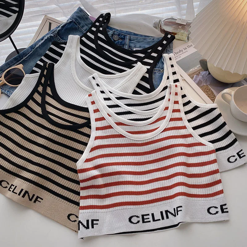 

Summer 2022 New Casual Women Tanks Top Letter Print Striped Camis Pullover Female Vintage Slim Short Camisole Chaleco Mujer