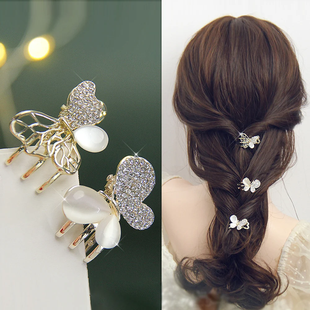 

New Luxury Cat Eye Butterfly Rhinestone Broken Hairpin Small Pearl Claw Clip for Women's Bangs Side Clip Flower Headgear Hairpin