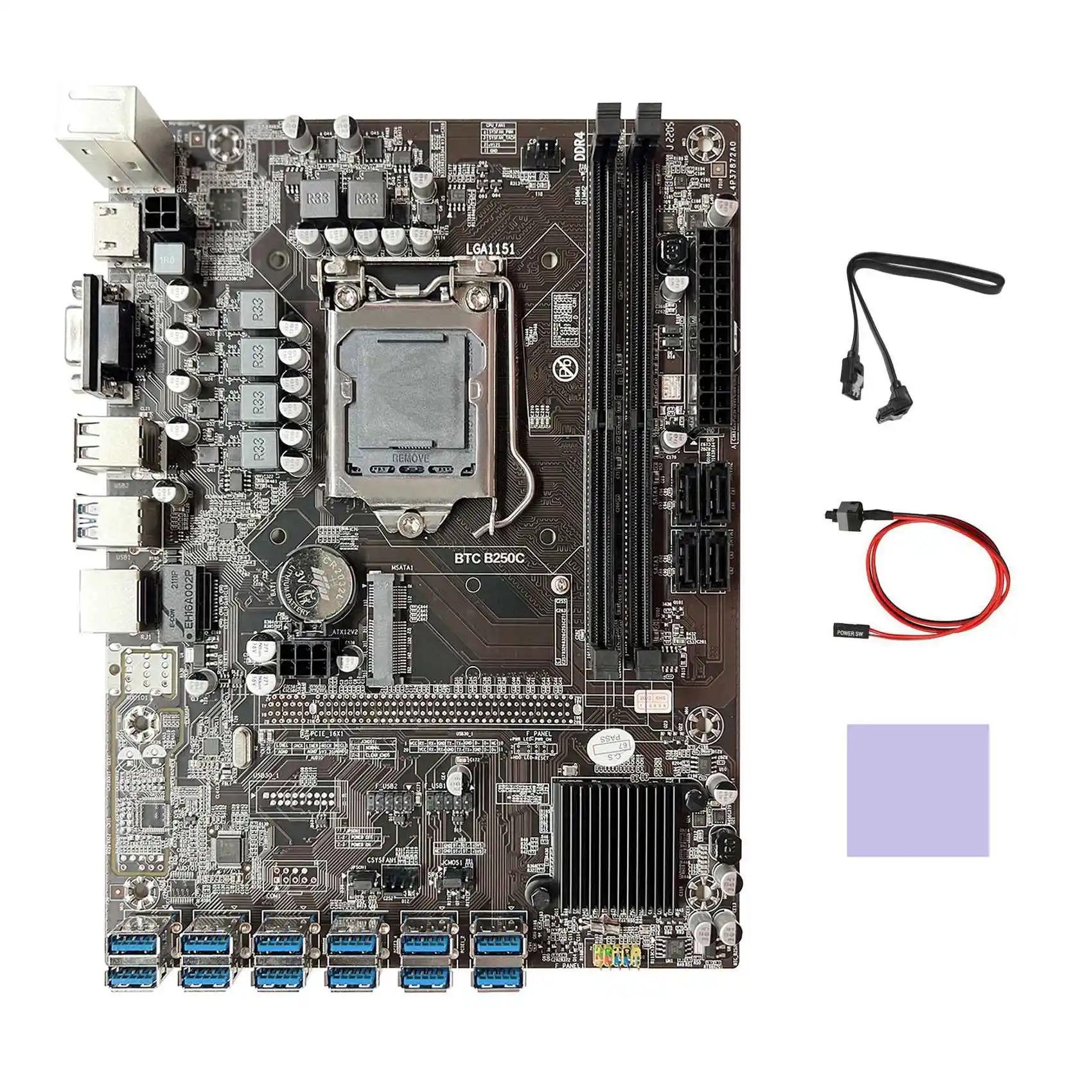 

B250C BTC Mining Motherboard+SATA Cable+Switch Cable+Thermal Pad 12X PCIE to USB3.0 GPU Slot LGA1151 Miner Motherboard