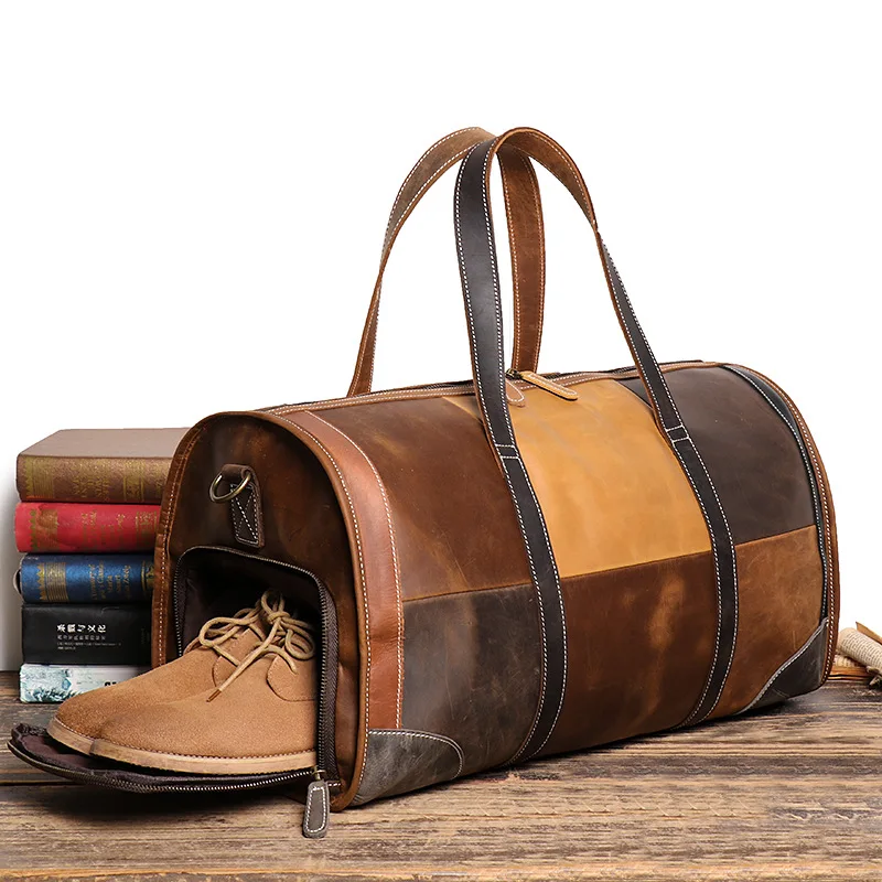 Large Big Vintage Genuine Leather Women Men Travel Bag Laptop Business Male Duffle Bag High Quality Patchwork HA032