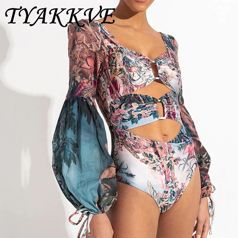 TYAKKVE 2024 новый цельный женский купальник из шифона с длинными рукавами и принтом