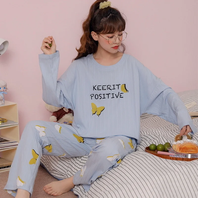 pajamas women's autumn  winter long sleeved trousers pure cotton sweet  lovely cartoon loose home clothes can be worn out suit