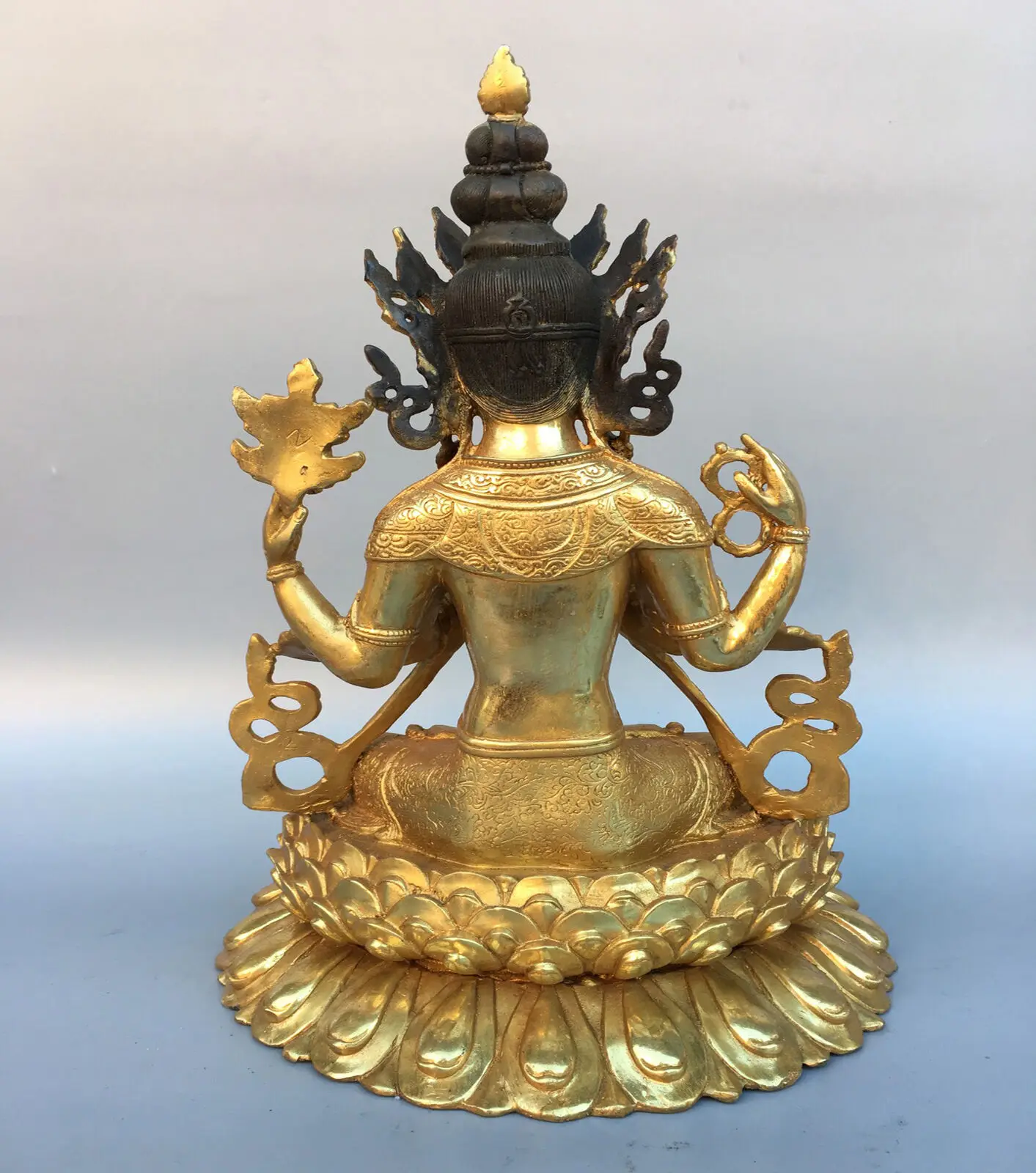12-дюймовая бронзовая позолоченная статуя Будды Ченрезиг Кван-инь Гуаньинь с 4