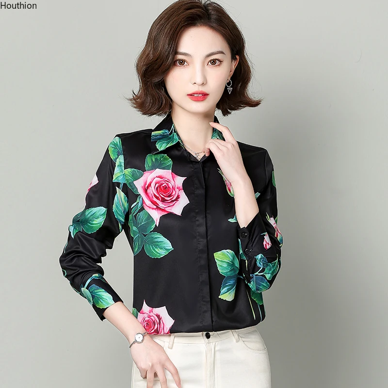 

Houthion Casual Shirt Women's Blouse Lapel Thin Comfortable Fashion New Long Sleeve Printing Summer Top