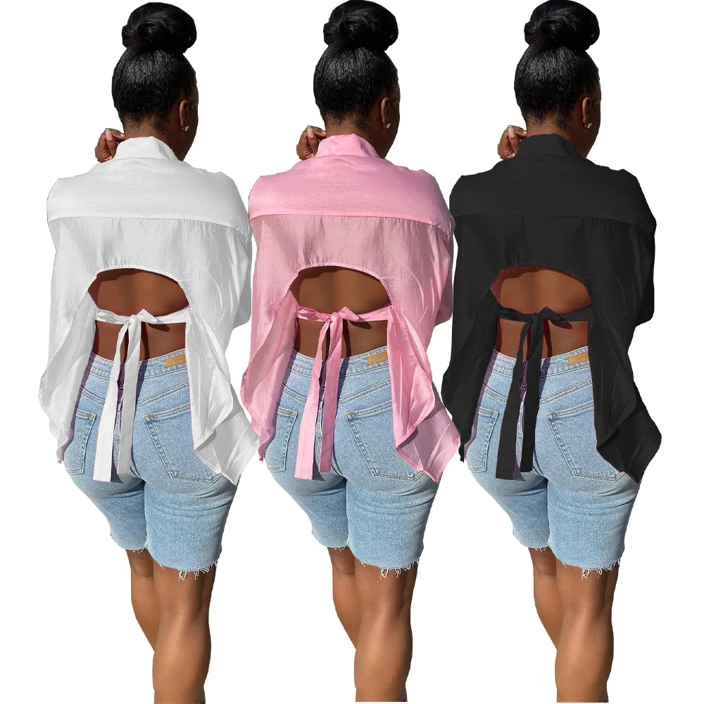 

Женская блузка с бантом и открытой спиной, Розовая/белая/синяя офисная рубашка с длинным рукавом, корейская мода, весна-лето 2022