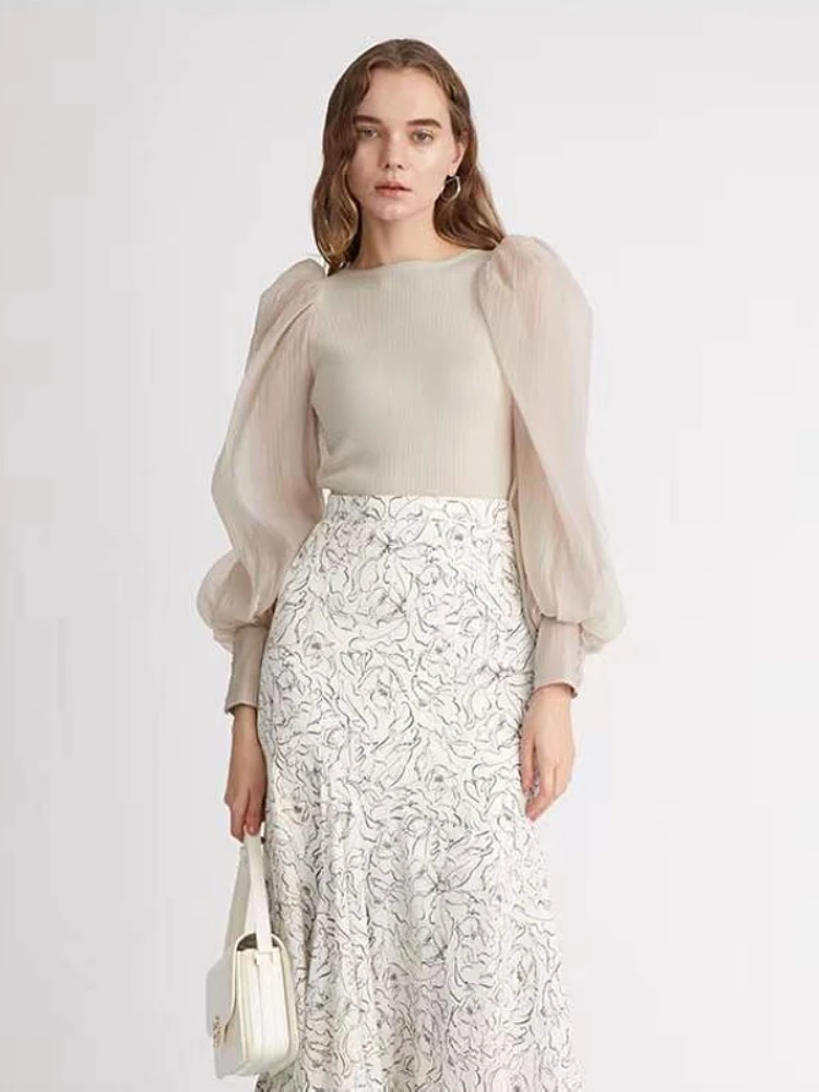

Knitwear Mesh Patchwork Women Blouse Slash Neck Spring Japanese Style Slim Sweet Solid Stitching Tulle Long Puff Sleeve Shirts