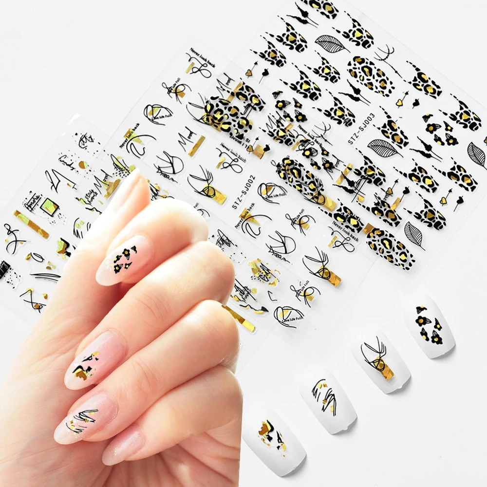 

9Pcs Gold Black Nail Art Stickers Geometric lines Leaves Leopard Beauty Adhesive Sliders Design Decorations Nails Accessories 1