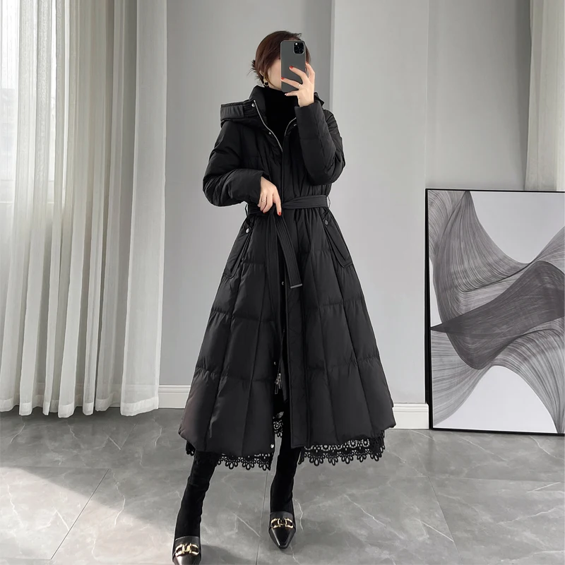 

Women 2023 Winter Fashion Long Warm Down Jackets Female Solid Color Hooded Outerwear Ladies Thicken White Duck Down Coats D101