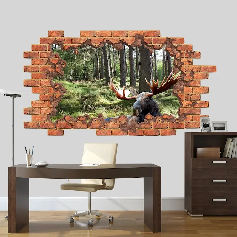 

Moose Animal Wall Decal, 3D Antler Wall Decal, Woodland Nursery Wall Decor, Hole in Brick Wall Art, Forest Animals Mural Kids Be