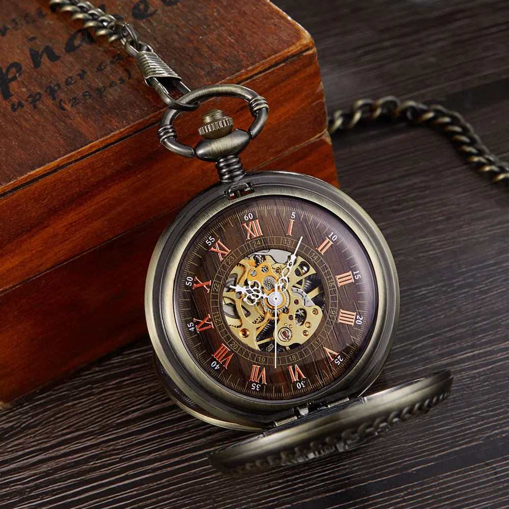 BENNEVIS Mechanical Pocket Watch Hollow Phoenix Bird Roman Double Case Skeleton Clock Hand Winding Men Fob Chain Watches Clock