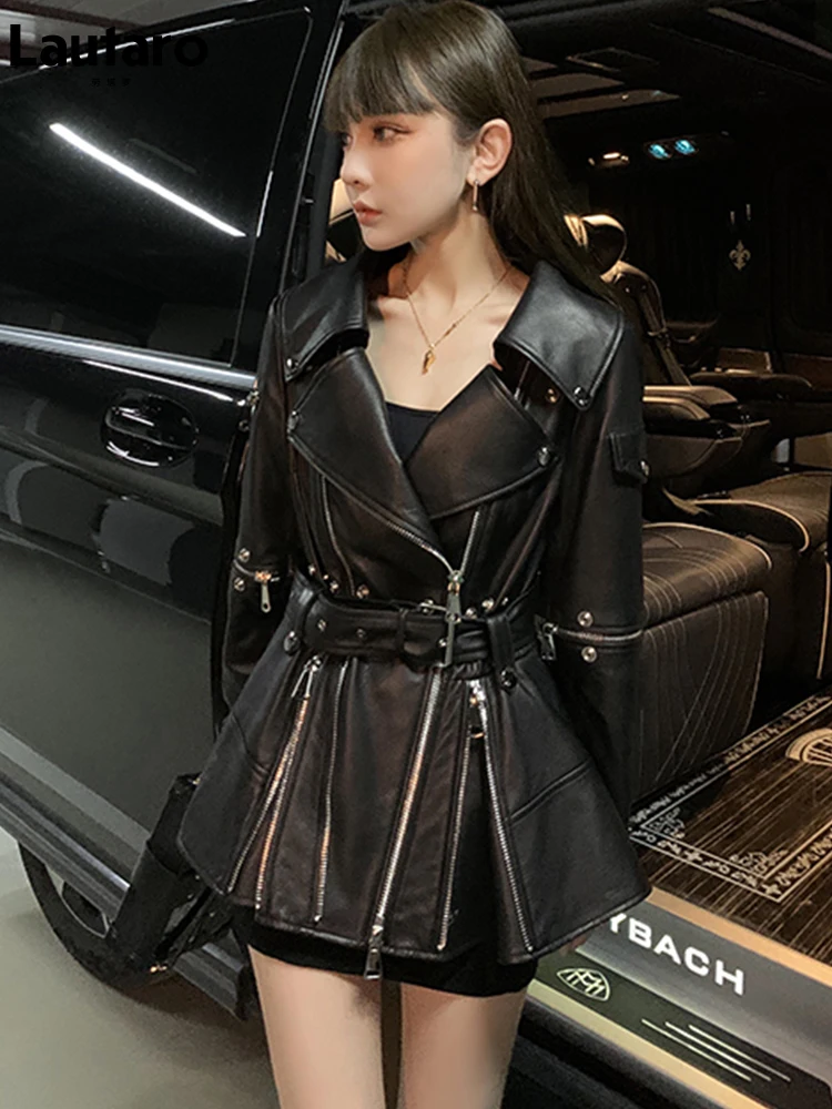 Lautaro весна осень крутая черная кожаная куртка женская в стиле панк с множеством
