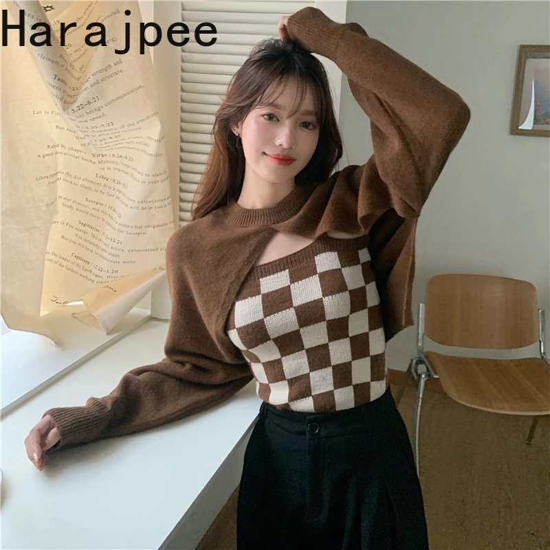 

Harajpee Checkerboard Suspender Shawl O-Neck Spliced Two-piece Suit Sexy Vest Sweater Korean 2021 Autumn New Knitted Women Tops