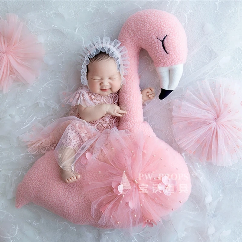 Newborn Baby Photography Props Floral Backdrop Cute Pink Flamingo Posing Doll Outfits Set Accessories Studio Shooting Photo Prop