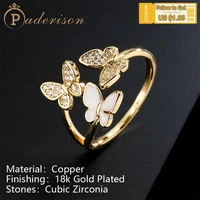 elegant butterfly shiny zircon opening ring for women copper 18k gold plating resin adjustable finger ring trendy jewelry