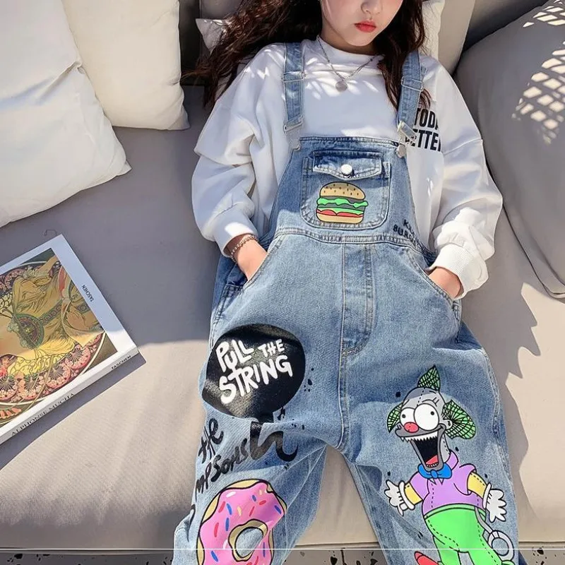 8 10 years Girls Cartoon Jeans Overalls Spring Fall Fashion Casual Teen Girls Pants