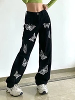 design sense butterfly personality print jeans womens vintage 90s slim loose all match straight pants womens jeans y2k clothes