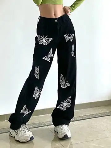 Design sense butterfly personality print jeans women's vintage 90s slim loose all-match straight pants Women's jeans y2k clothes