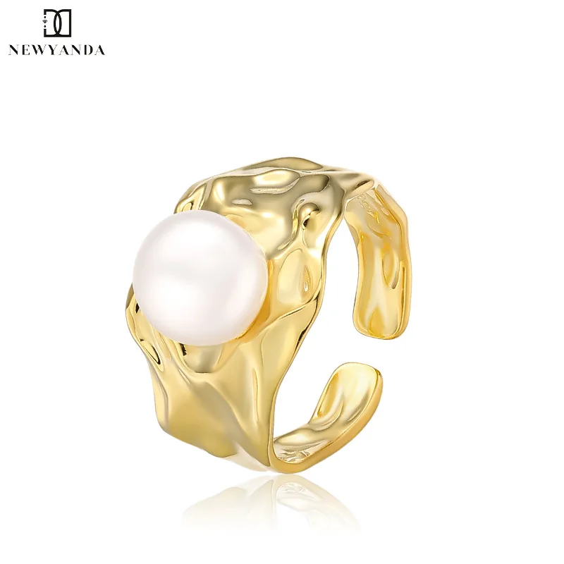 

New European and American S925 Silver Pearl Ring Women's Simple Irregular Lava Texture Geometric Handwear Fashion Gift