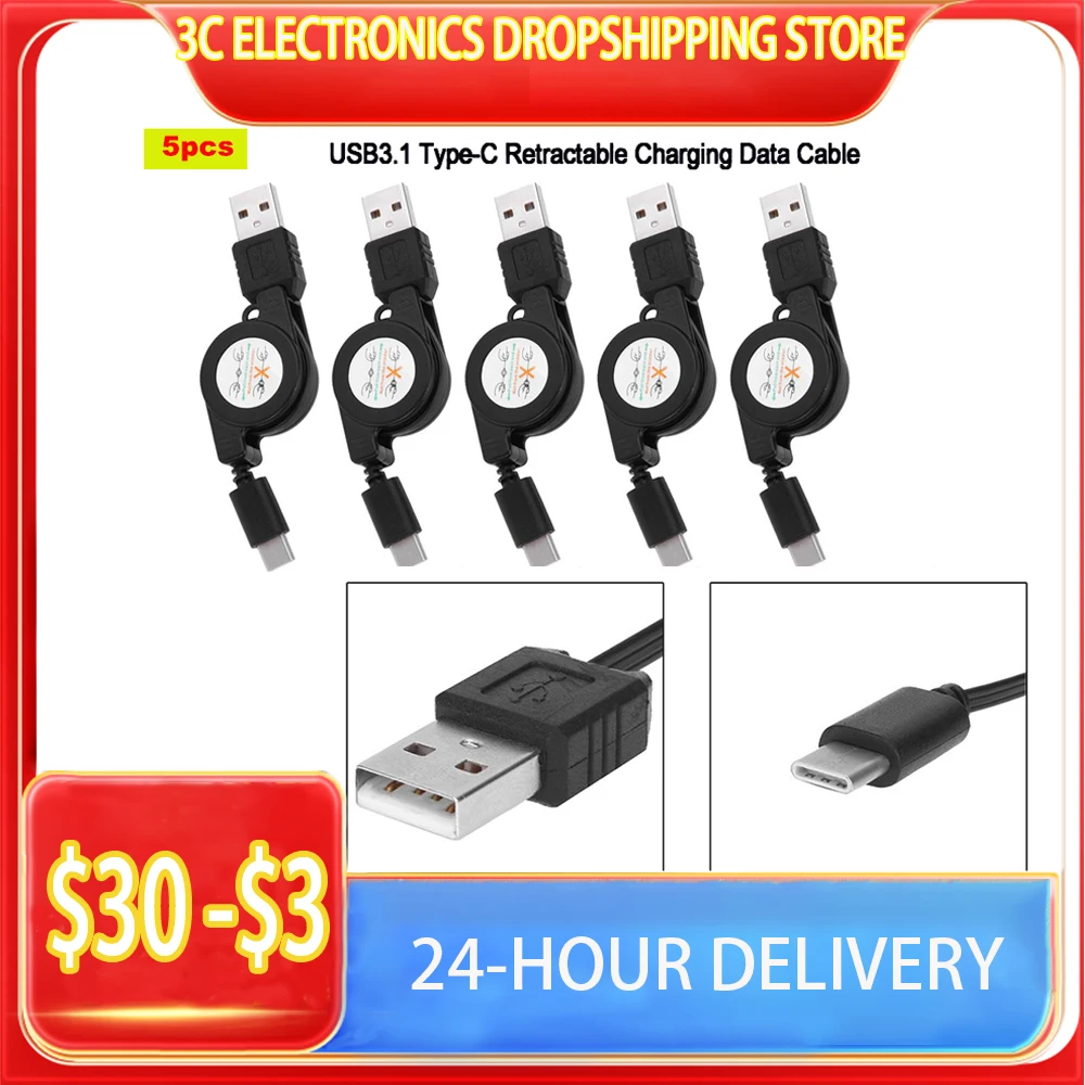 

5pcs Retractable Cable Data Sync Charger USB Type-C USB 3.1 Charging Cable USB 2.0 Data Transfers for Desktop Notebook Laptop