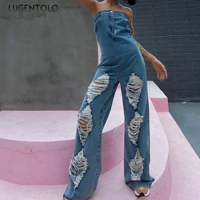 

Women Denim Jumpsuit Sexy Hole Slash Neck Sleeveless Ripped Fashion Slim High Waist Female Straight Long Jumpsuits