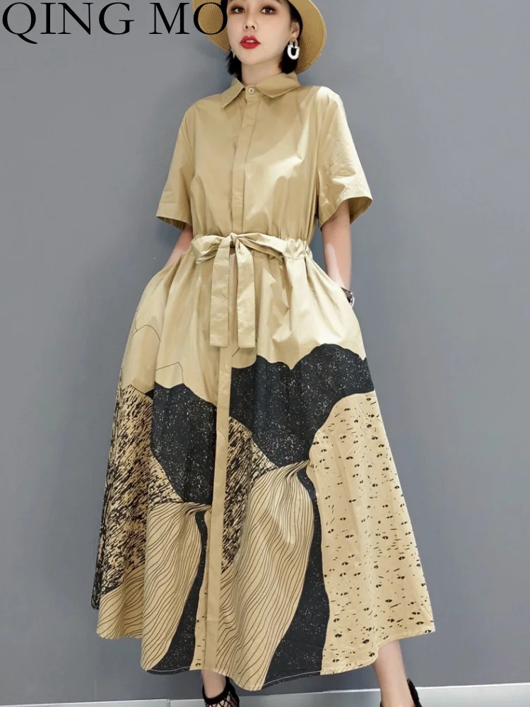 QING MO 2023 Spring Summer Fashion Half Sleeve Dress Age Reducing Shirt Lace Up Women's Dress Streetwear ZXF1208