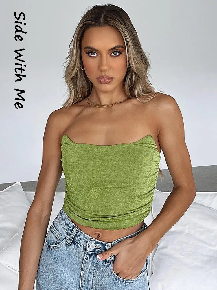 

Side with Me Sexy Strapless Bodycon Women's Tank Tops 2022 Summer Club Y2K Folds Backless Woman Corset Cropped Top