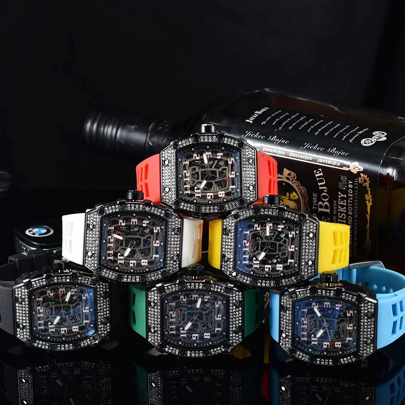 Personality Yellow Silicone Arabic Numbers Quartz Watch Tonneau Shape Black Diamond Unique Men Watch Fashion Luminous Wristwatch