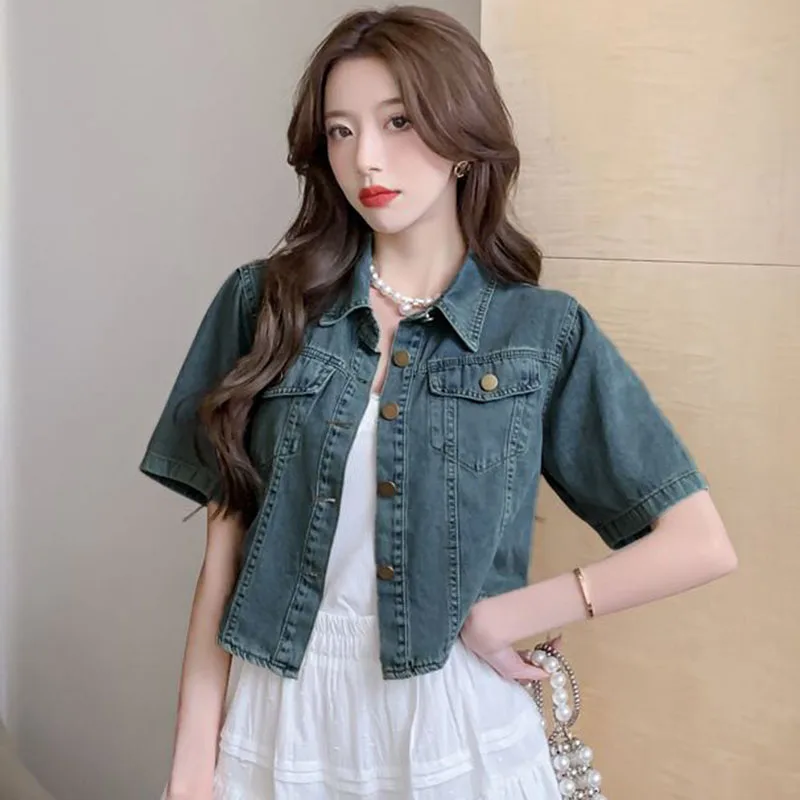

Lucyever Denim Jacket for Women Korean Fashion Turn Down Collar Short Sleeve Coat Female Streetwear Washed Vintage Jeans Jacket