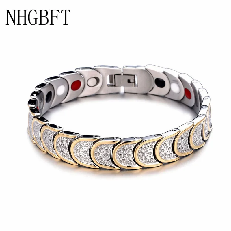 

NHGBFT Classic Gold Color Health Energy Germanium Magnetic Bracelet For Mens Stainless Steel Bracelets Male Jewelry