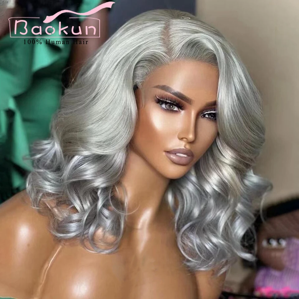 Side Part Grey Body Wave Lace Front Wig 360 Colored Human Hair Lace Frontal Wig 13x6 Short Bob Wig Lace Front Human Hair Wigs