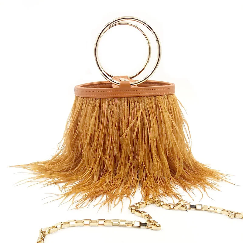 

Fashion Women Handbag Luxury Long Chain Crossbody Bag Sweet Ladies Evening Ostrich Hair Shoulder Bag Wrist Ring Bucket Bag