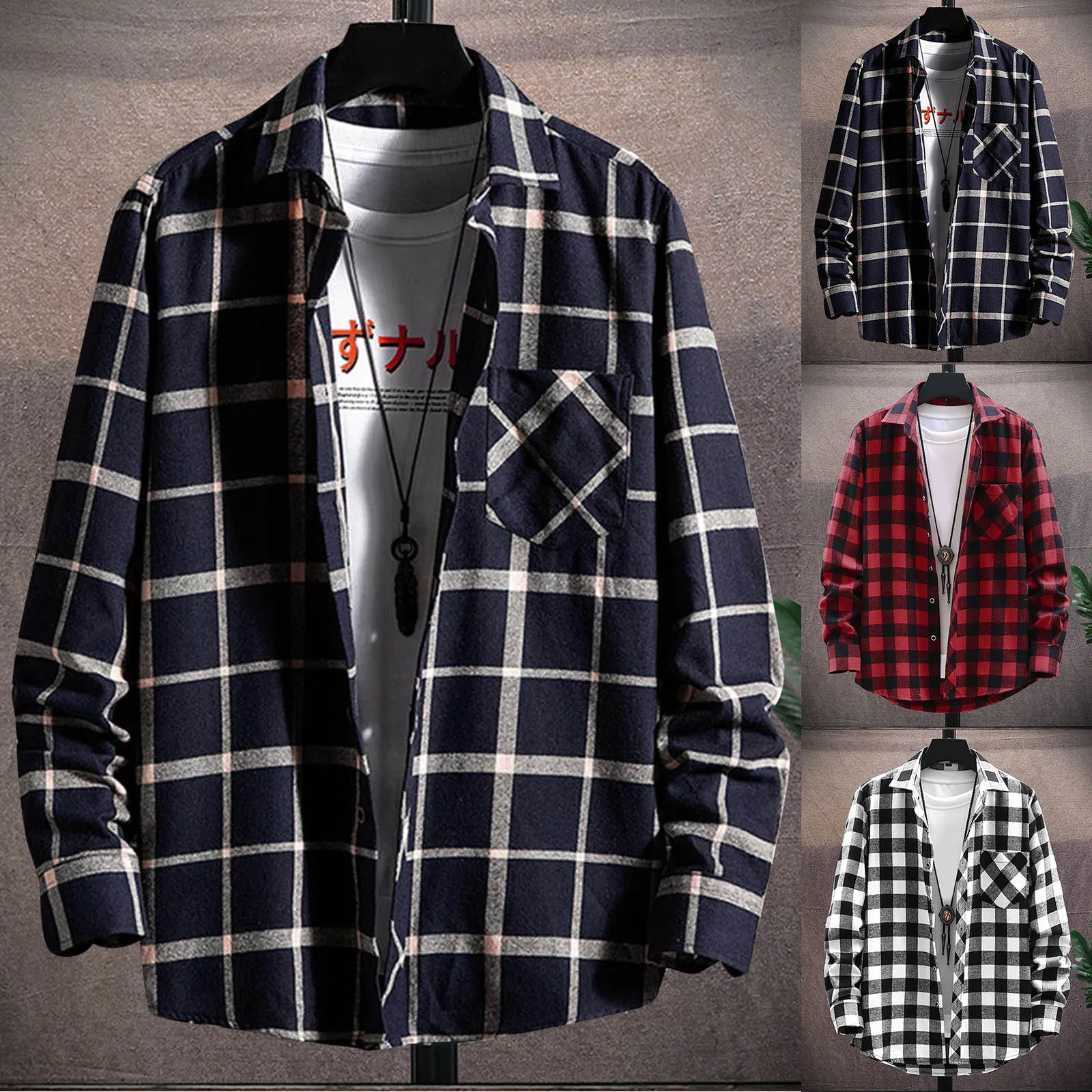 

Men Fashion Casual Fashionable Square Printing Lightweight Breathable Long Sleeve Lapel Formal Shirt X