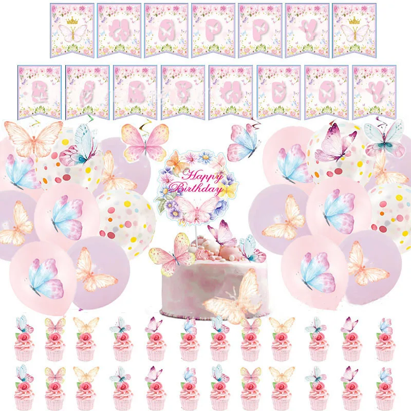 

Butterfly Birthday Party Decoration Baby Shower Butterfly Balloons Spiral Hanging Pendents Cake Topper Birthday Party Banner
