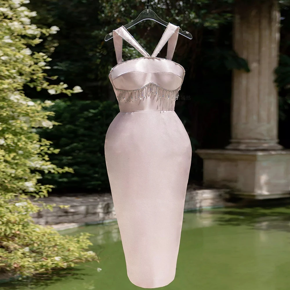 

Женское атласное платье-Русалка, розовое длинное вечернее платье с кристаллами и бахромой, роскошное элегантное платье для выпускного вечера, 2023