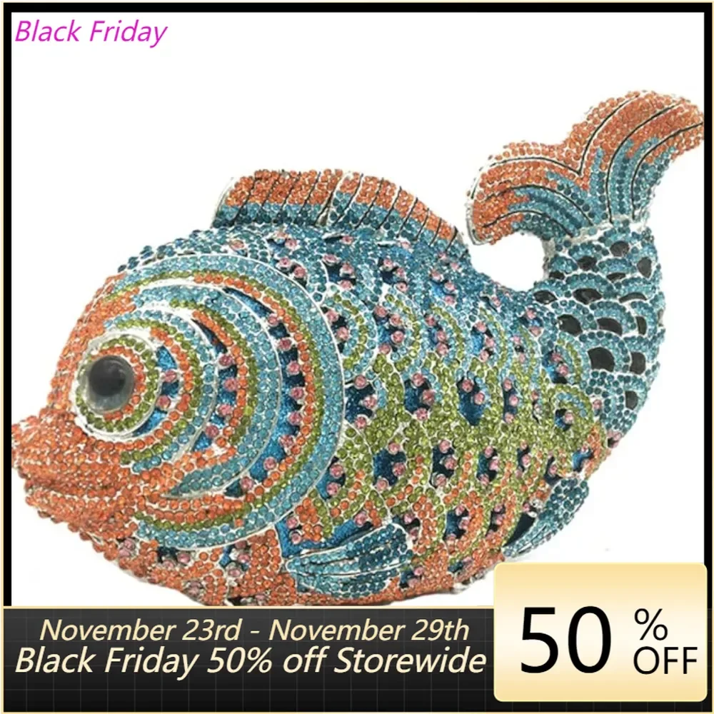 

Women Mini Fish Clutch Luxury Rhinestones Purse Sparkling Banquet Handbag Wedding Party Clutch Bag