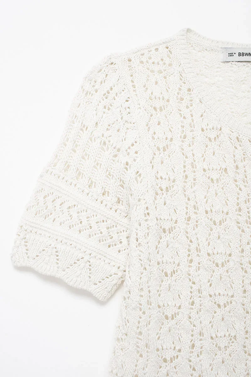 Женский жаккардовый Топ на пуговицах белый вязаный с короткими рукавами и