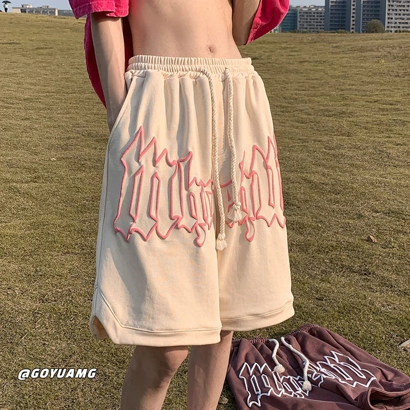 Men's Fashion Casual Sports Shorts Summer Korean Versatile Embroidery Flocking Loose Pants Fashion Foam Basketball Capris