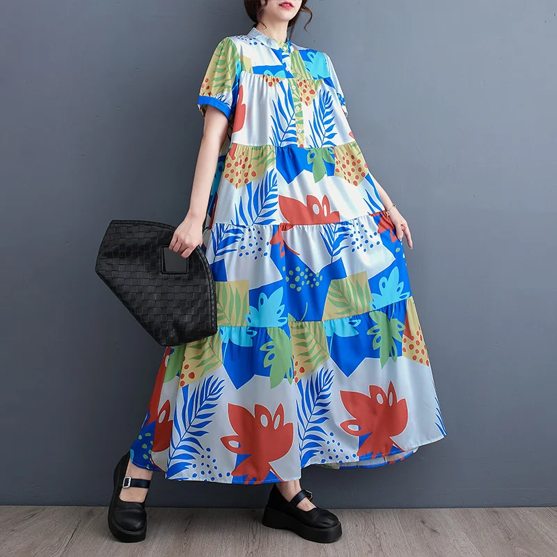 #3291 винтажное платье-рубашка с принтом коротким рукавом свободное разрезом