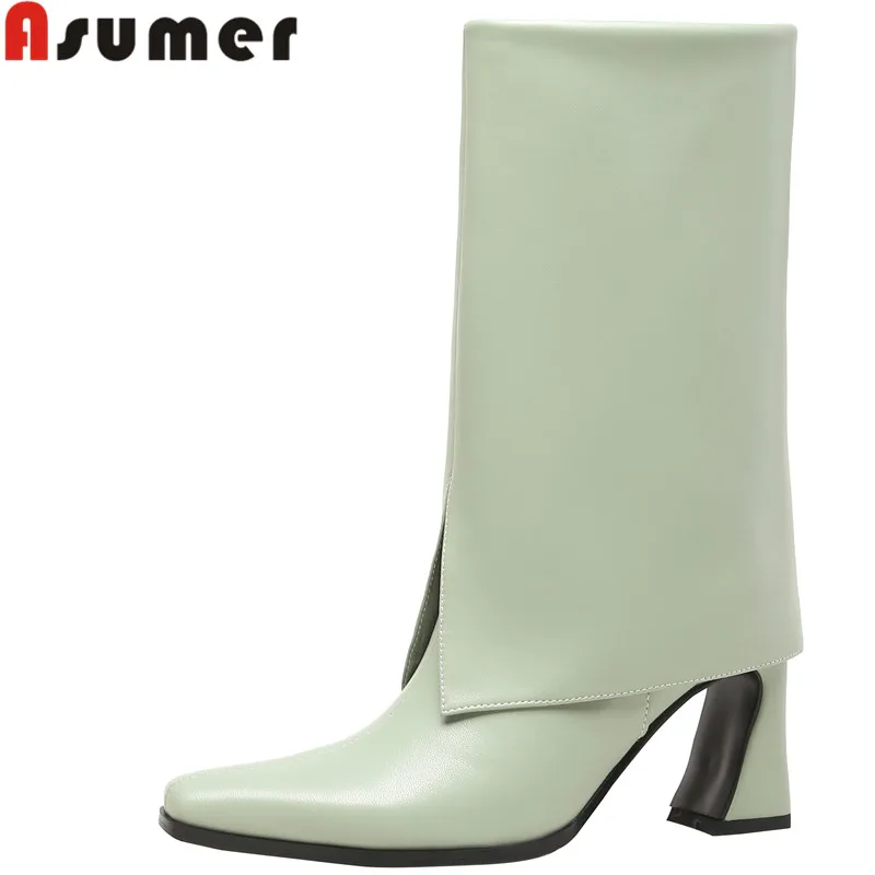 

ASUMER 2022 New Arrive Genuine Leather Slip On Ankle Boots Hot Sale Thick High Heels Boots Woman Ladies Fashion Shoes