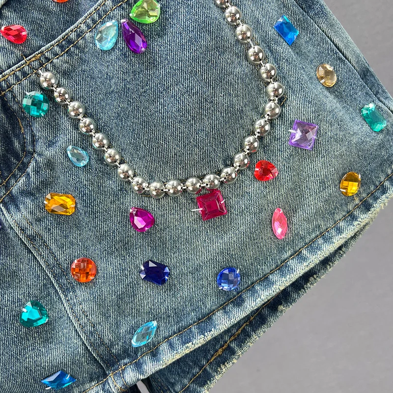 Denim Shorts Women's Culotte 2023 Spring Summer New High Waist Exquisite Rhinestone Wide Leg Short Pants Booty Shorts Female