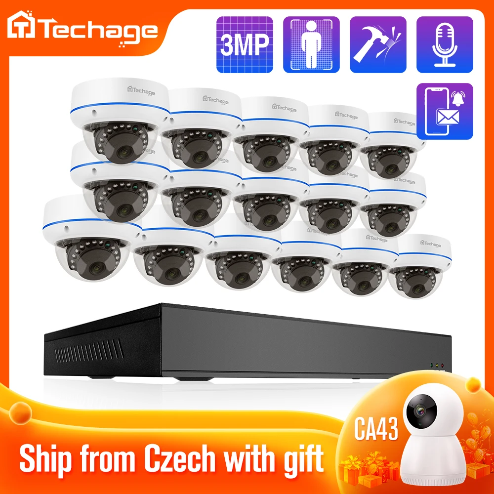 

Комплект Безопасности Techage 16CH POE 3 Мп комнатная Антивандальная Купольная IP-камера Домашняя безопасность CCTV видеонаблюдение сигнализация об...