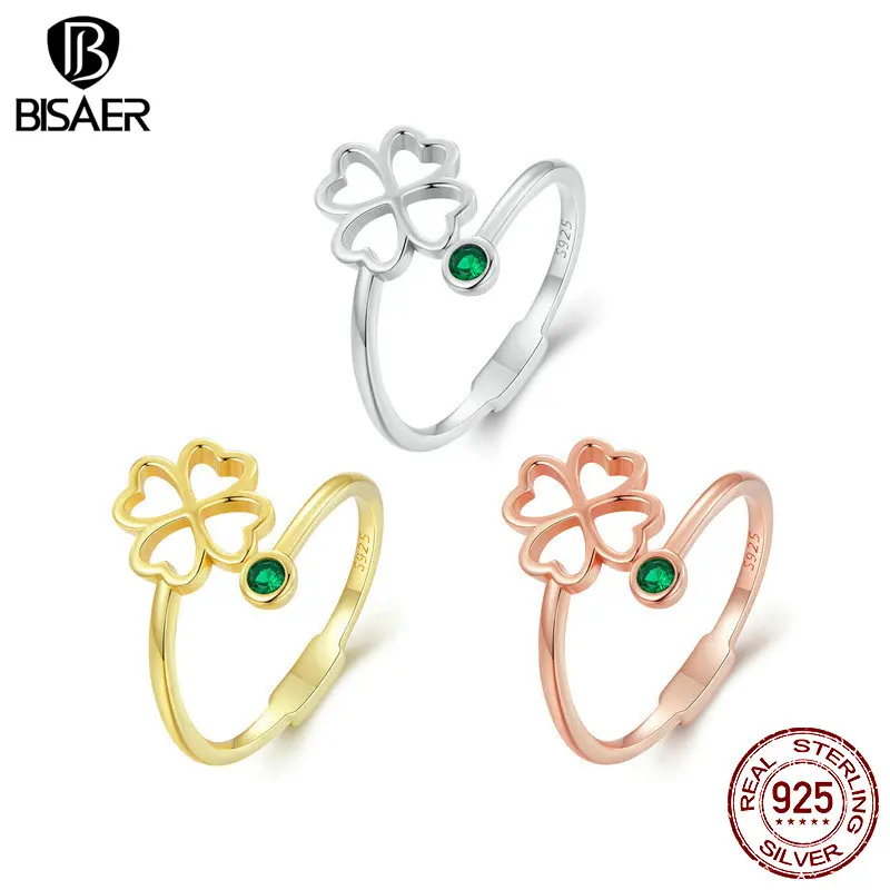 

BISAER 925 Sterling Silver Four Leaf Clover Open Ring 3 Colors Adjustable Size 5-9 Plated Platinum For Women Party Fine Jewelry