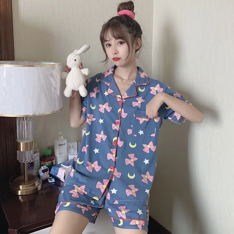 Cute Print Women Pajamas Sets Summer Short Sleeve Cartoon Sleepwear Pink Pijama Mujer Female Nightsuit Cat Moon