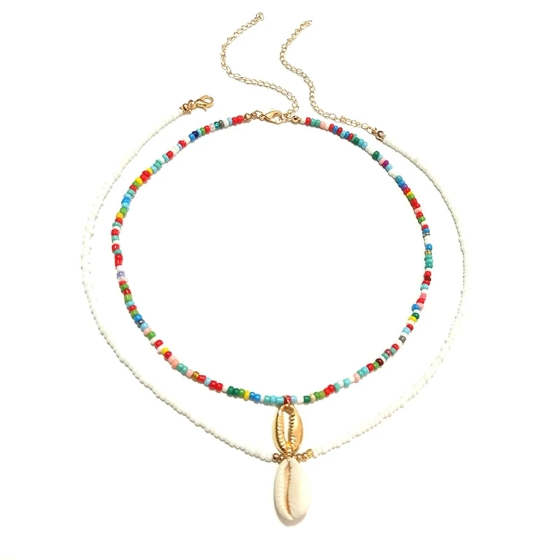 

E0BF 2Pcs Candy-Colored Shells Beaded Necklace Bohemian Alloy Necklace Handmade Bohemian Seed Bead Necklace Clavicle Necklace