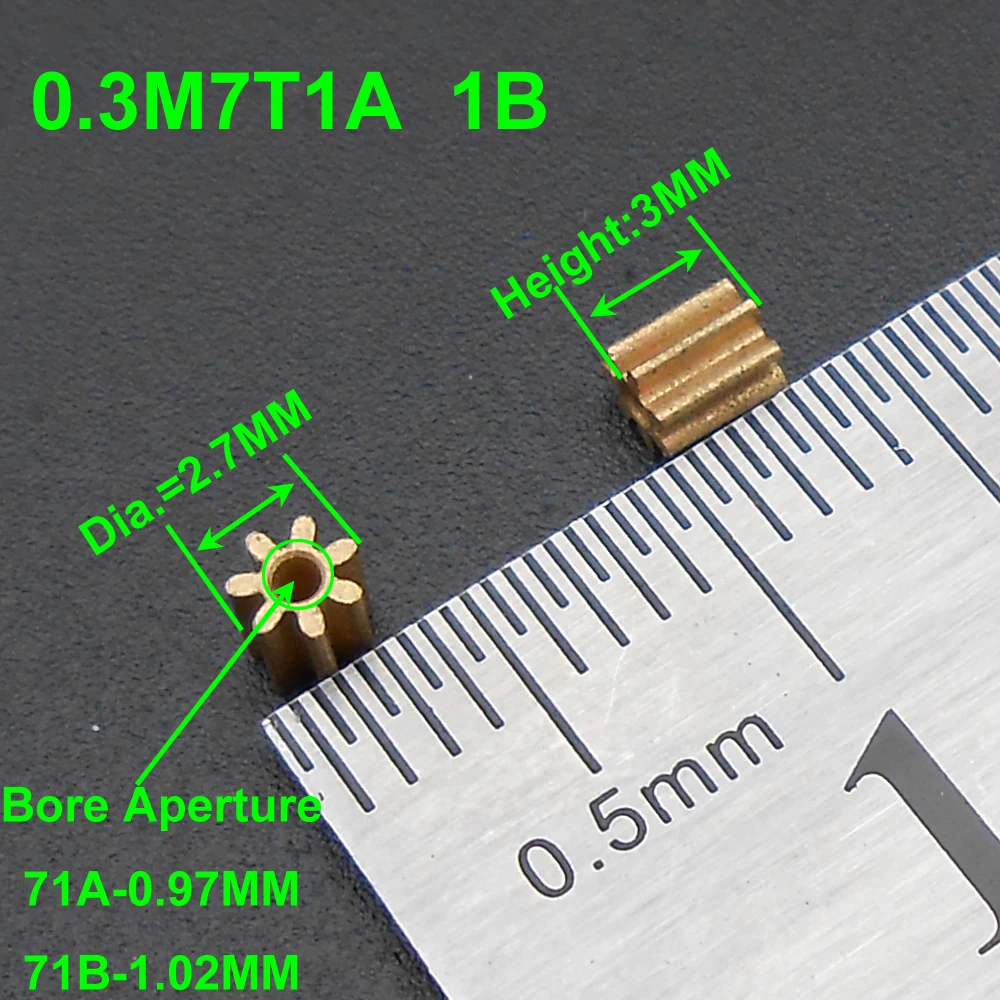 

100Pcs/Lot 0.3M 7 Teeth Brass Gear Spur Pinion 0.3 Modulus Bore Aperture 1MM 0.95MM 7T1A 71A Hollow Glass Heigth 3MM Dia.2.7MM