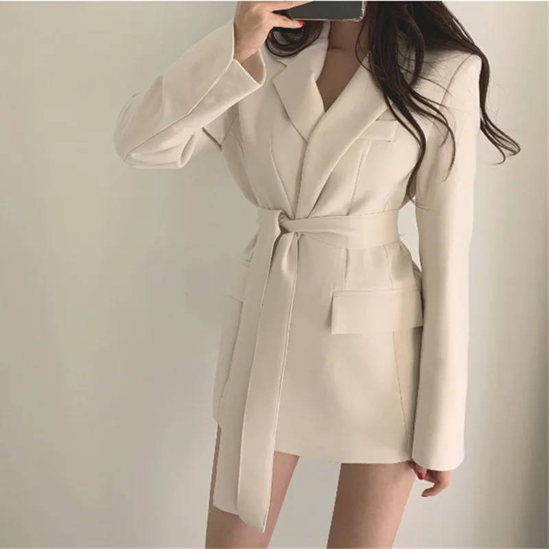 Lace-up Belted Lapel Blazers Women Spring Autumn Slim-fit Blazer Free Belt Cardigan Style 2021 Woman Black Office Work Suits New