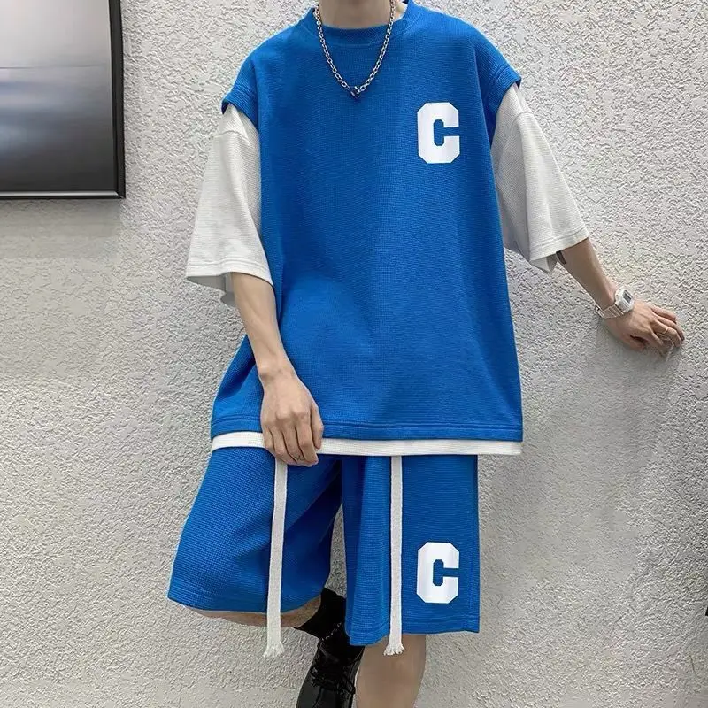 Men Hip Hop Tracksuits Patchwork Short-sleeved Shirt Summer Fake Two Pieces Set Unisex Youth Letter Print Male Sports Suits